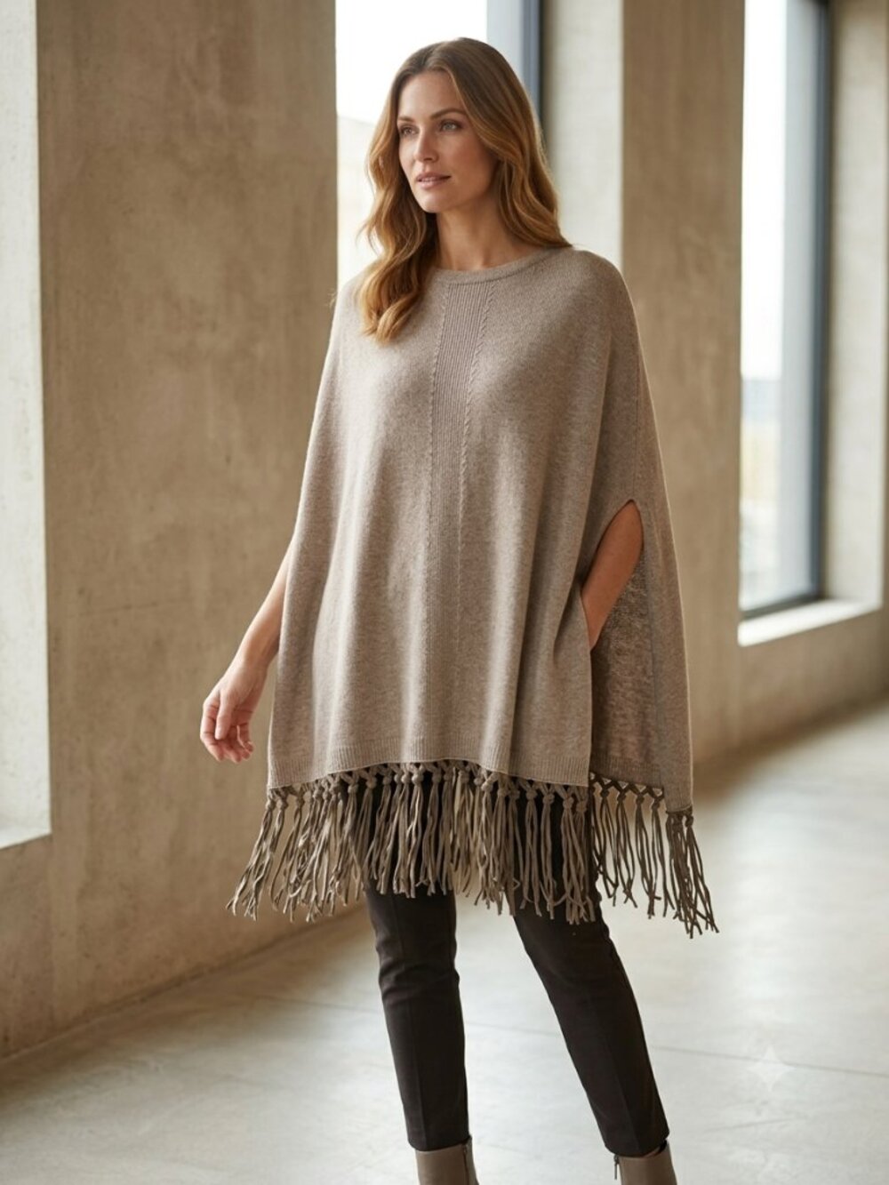 NWT PINOTTI Italy Wool Cashmere Fringe Poncho Top Taupe One Size Real Leather